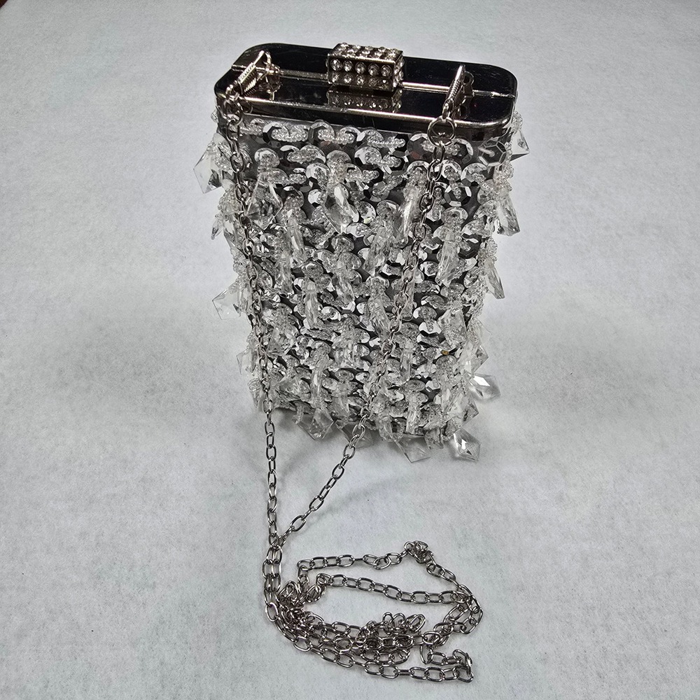 Silver Sequin Crystal Embellished Box Clutch Crossbody Bag Chain Strap Handbag - Picture 2 of 16